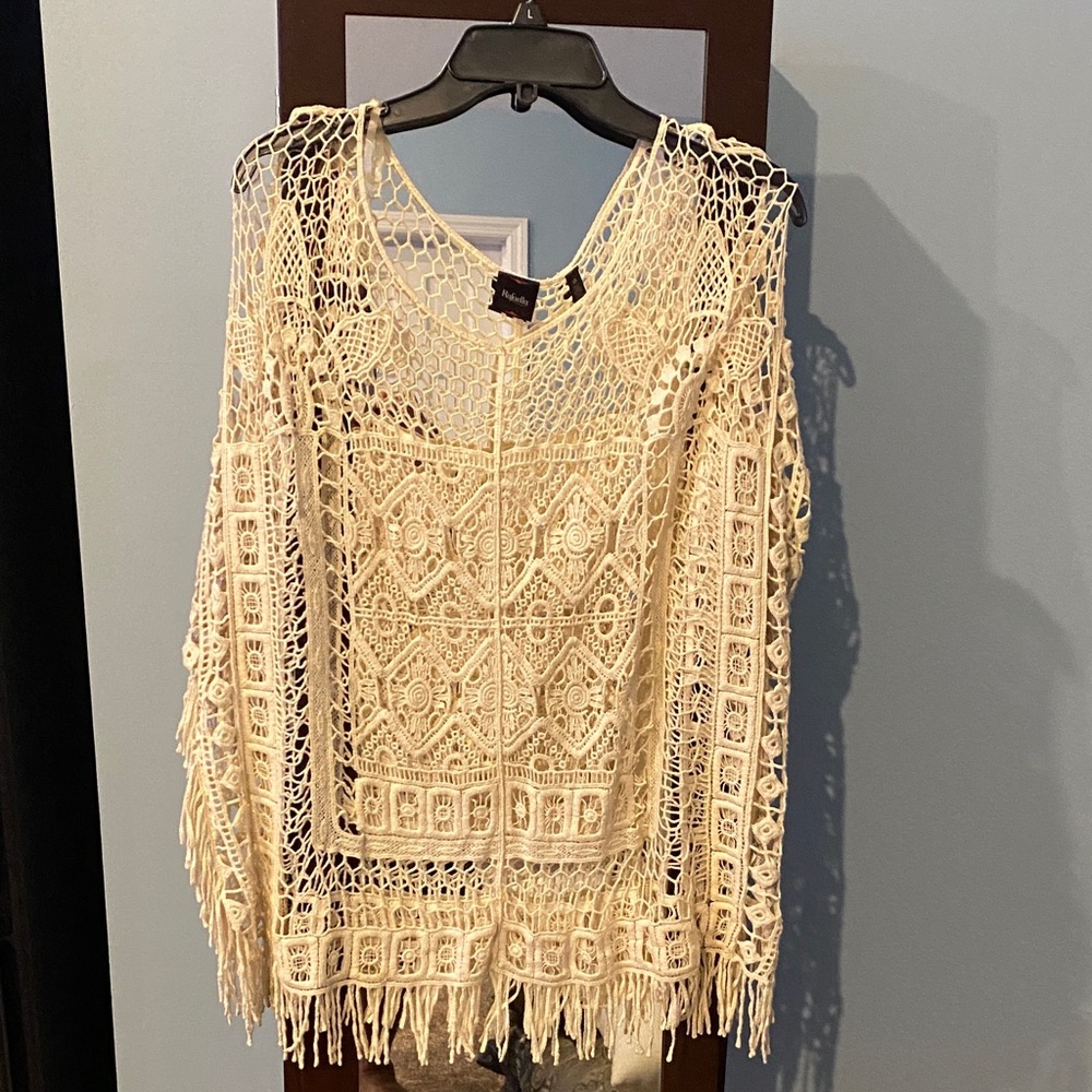Rafaella Beige Crochet Poncho with Fringe